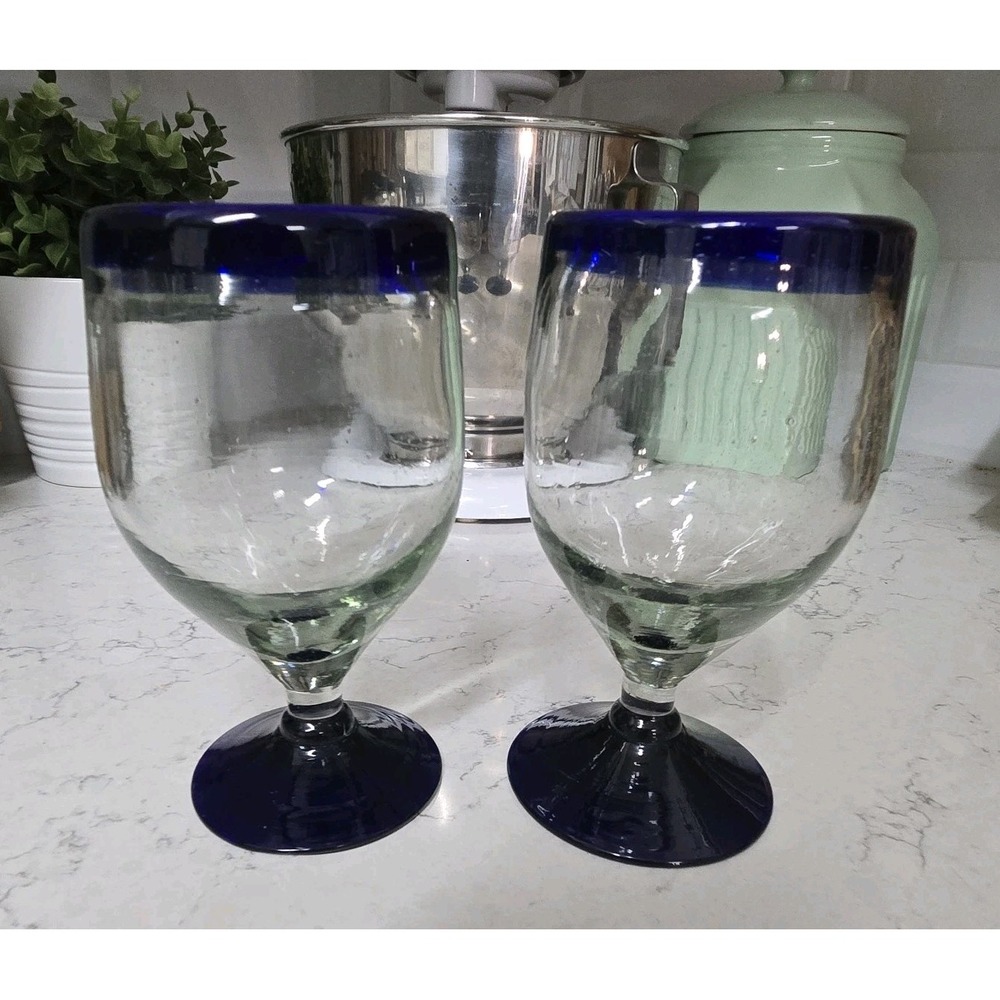 2 Mexican Hand Blown 6 Inch Glass Cognac Brandy Snifters Barware Cobalt Blue Rim